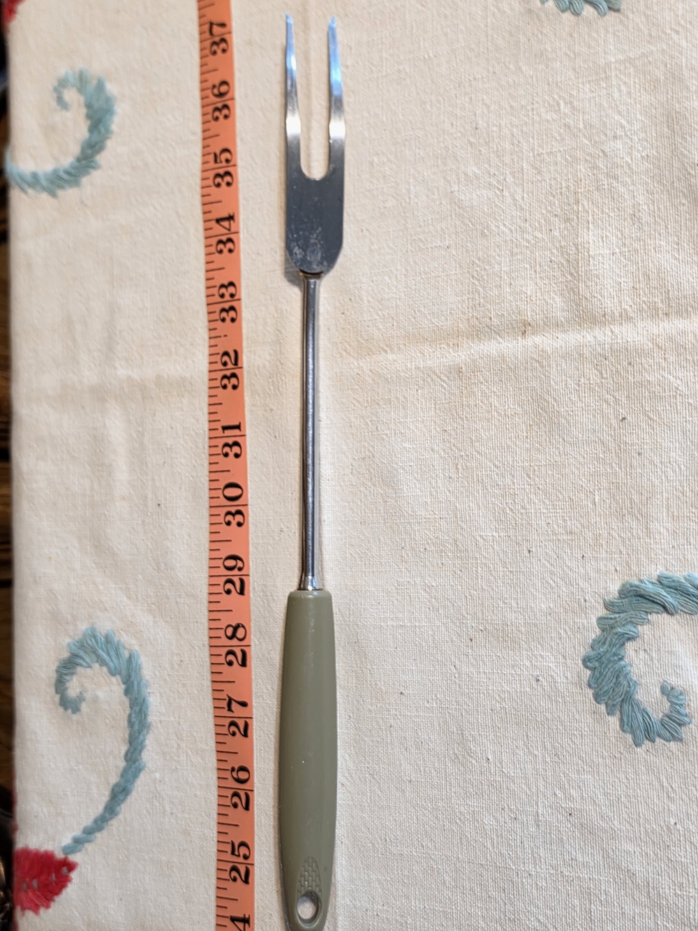 Vintage Avocado Green Long Stainless Steel Serving Fork with Olive Handle